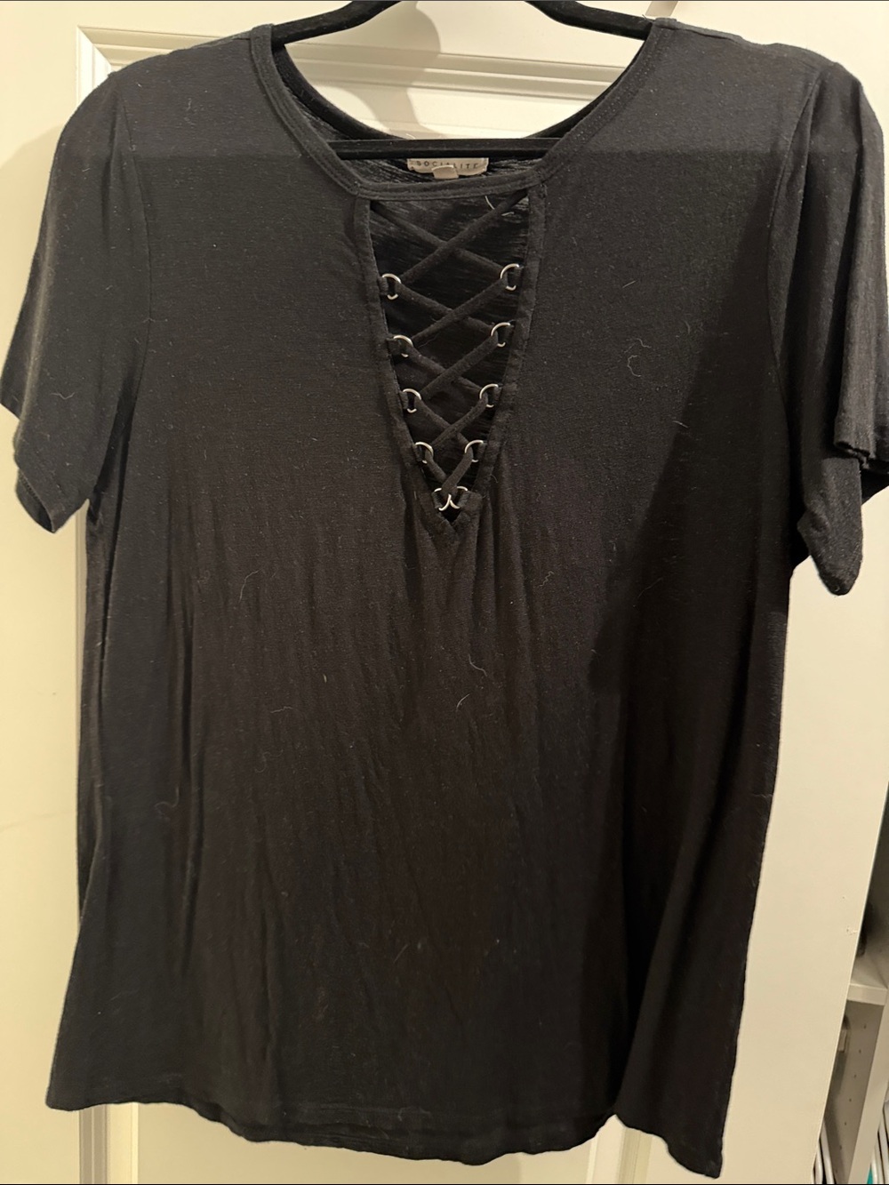 Black Short-Sleeve Lace-Up V-Neck Tee